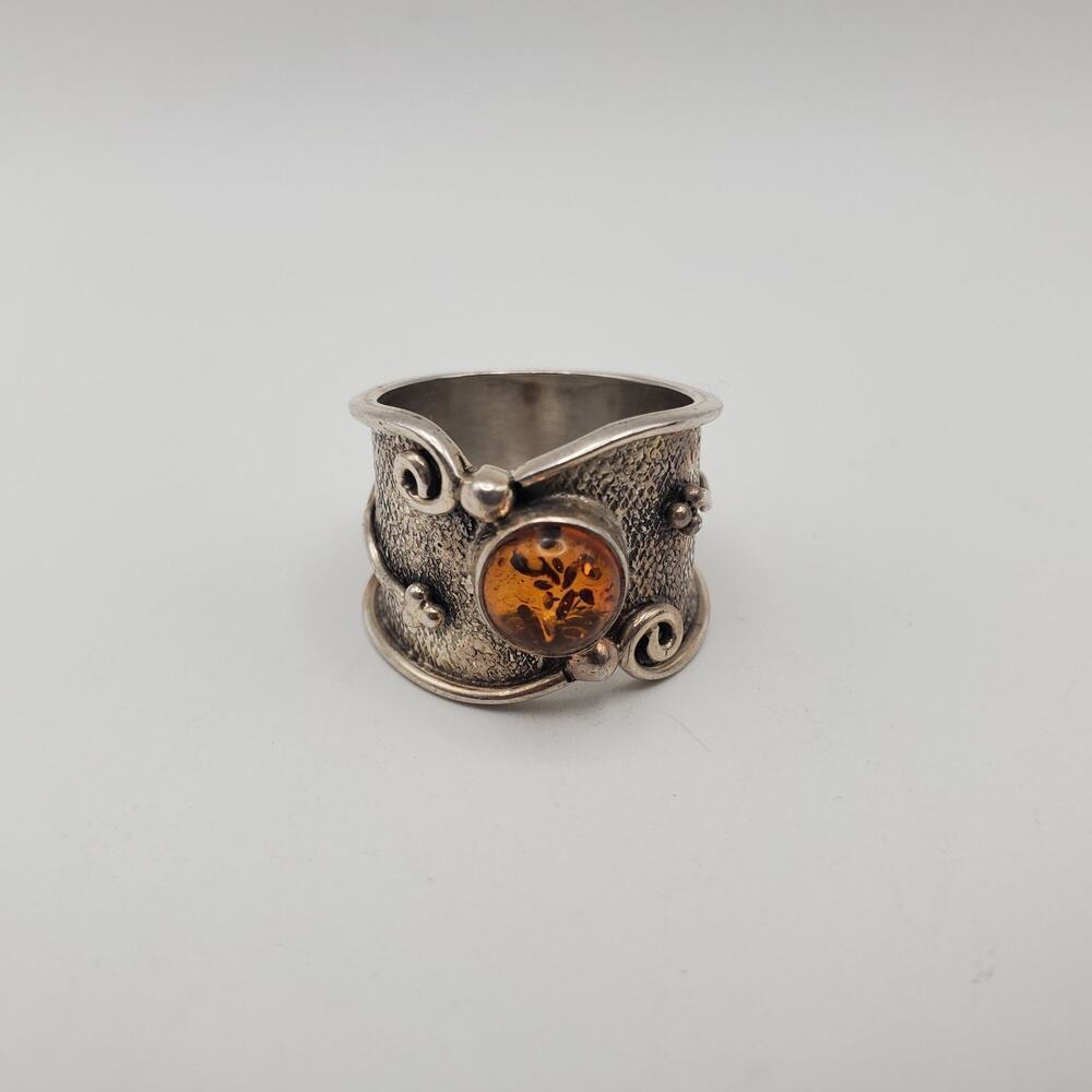 Sterling Silver 925 Artisan Boho Baltic Amber Wide Band Ring Size 6 - Picture 2 of 11